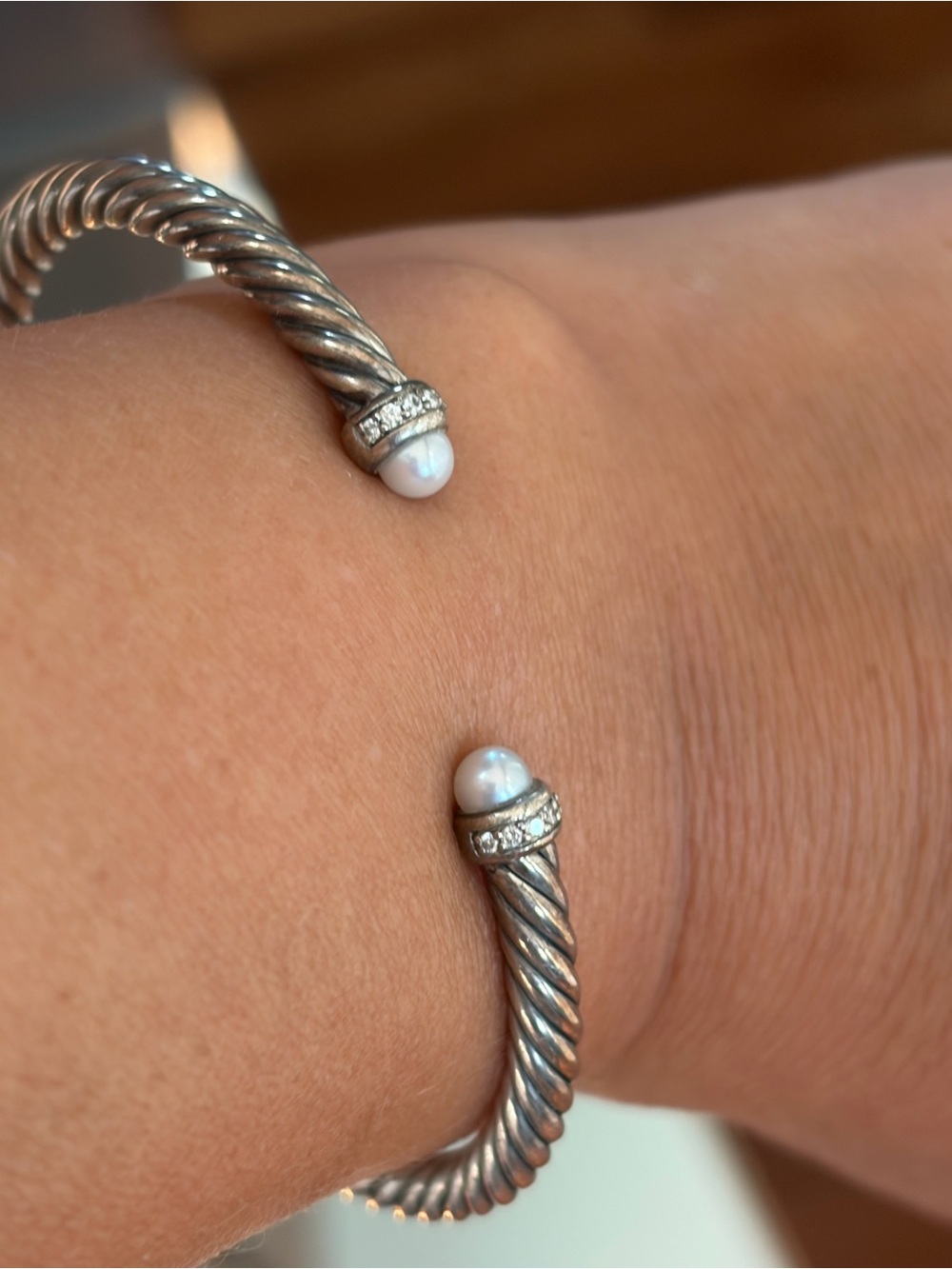 David yurman silver sterling cable flex bracelet diamond and pearls size small